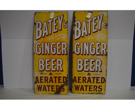 Two 'Batey's Ginger Beer & Aerated Waters' enamel advertising signs, 36 x 91cms.