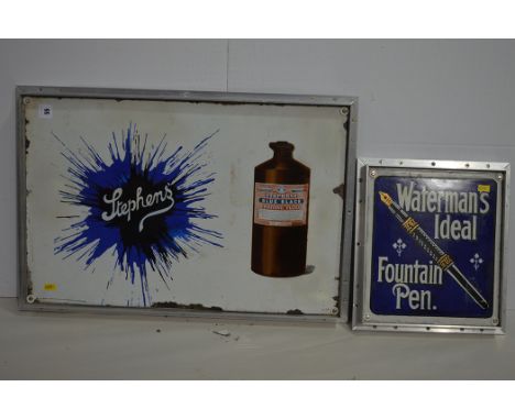 'Stephens Ink' enamel advertising sign, by The Patent Enamel Co., London, 60 x 40cms, in metal frame, (restorations); togethe