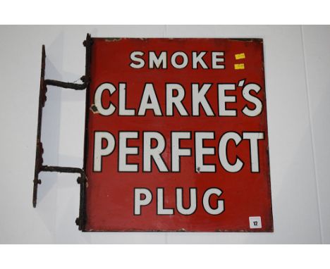 'Clarks Cigarette' enamel advertising sign, inscribed "Smoke Clarks's Perfect Plug", double sided, with metal bracket, 51 x 4