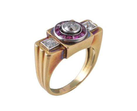  A 1940s French diamond and ruby ring,   the central old brilliant cut diamond, estimated to weigh 0.30 carats, collet set wi