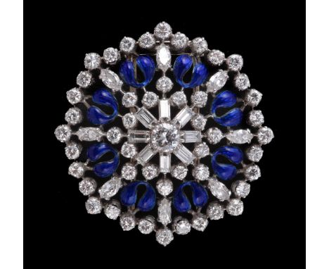  A diamond and enamel brooch,   the circular openwork brooch set with brilliant cut, baguette cut and marquise cut diamonds, 