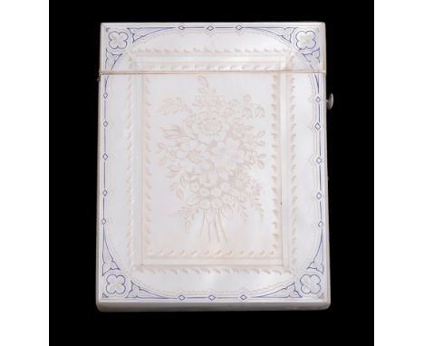 Ω A mid Victorian mother of pearl rectangular card case, engraved with an exterior view of the Crystal Palace within multi ba