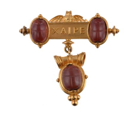  A 19th century Archaeological revival cornelian scarab brooch by Castellani,   circa 1860, the principal bar  with applied a