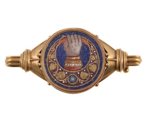  A 19th century micro mosaic brooch/pendant of The Hand of God by Castellani,   circa 1860, the gold, red and blue tesserae  