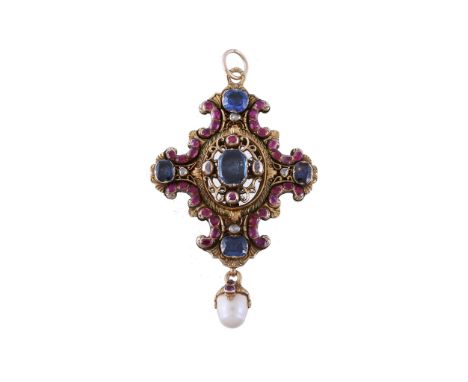  A Continental mid 19th century sapphire, ruby and diamond cross pendant  , the gold panel with cushion cut sapphires and ros