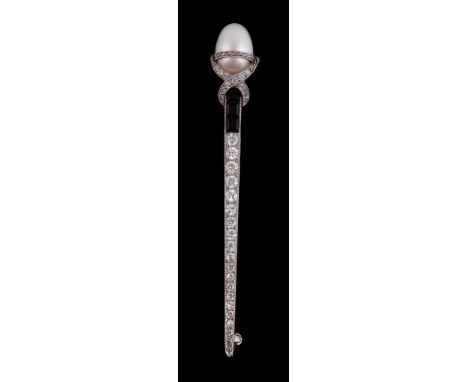  A 1920s natural pearl, diamond and onyx brooch,   the natural pearl resting in a rose cut and old cut diamond set setting, t