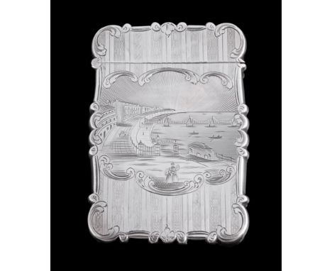  A Victorian silver shaped rectangular engraved castle-top card case by Nathaniel Mills,   Birmingham 1849, the front with a 
