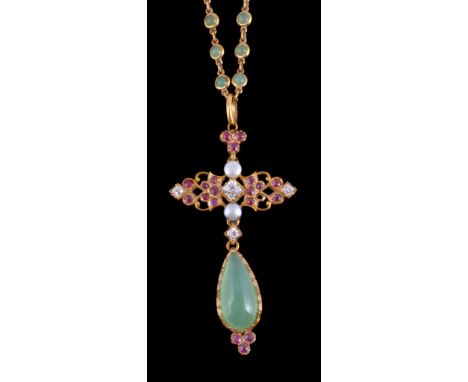  A late Victorian diamond, ruby and chrysoprase necklace by Carlo and Arthur Giuliano,   circa 1900, the pendant with a trio 