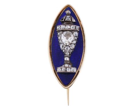  Military Interest, an early 19th century diamond and enamel mourning brooch,    the blue enamelled navette shaped panel bene