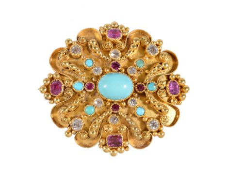  An early Victorian turquoise, ruby and diamond brooch  , circa 1840, the lobed gold panel with a central oval cut turquoise,