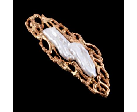 An 18 carat gold and freshwater cultured pearl brooch by John Donald,   the freshwater pearl within an openwork abstract sur