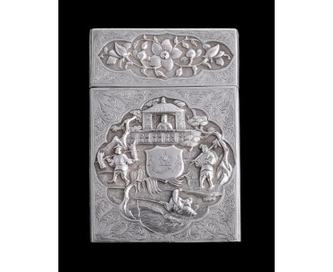 A Chinese export silver rectangular card case, single chop mark, late 19th century, chased and engraved with a figure in a pa