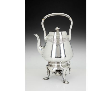 Ω A Victorian silver kettle on stand by John Hunt &amp; Robert Roskell, London 1875, the arch handle over with ivory spacers,