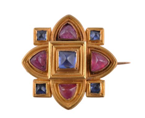  A 19th century ruby and sapphire quatrefoil brooch by Castellani,   circa 1870, the brooch with shaped polished cabochon sap