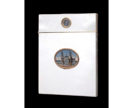 Ω A scarce rectangular mother of pearl and gem inset souvenir card case, circa 1895, inset with a printed and painted oval vi