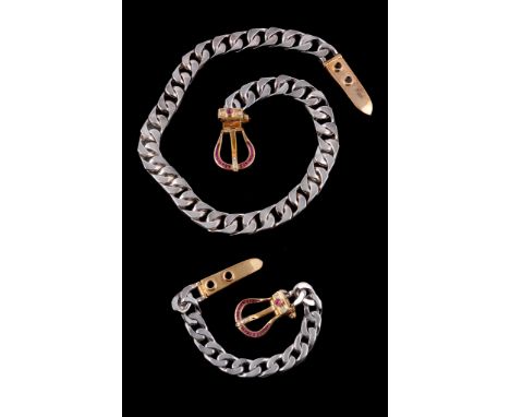  A ruby and diamond necklace,   the curb link necklace to the buckle clasp set with calibre cut rubies and brilliant cut diam
