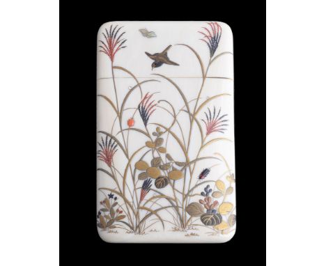 Ω A Japanese rounded rectangular ivory Shibayama style card case, early 20th century, with a sparrow and butterfly in flight 