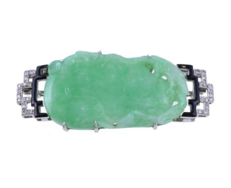  An Art Deco jadeite jade diamond and enamel brooch,   circa 1930,  the carved and polished jadeite jade panel with pierced g