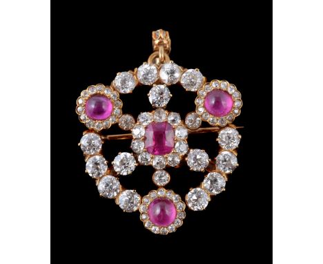  A late 19th century diamond and ruby pendant, circa 1890,   the central cushion cut ruby within a surround of old brilliant 