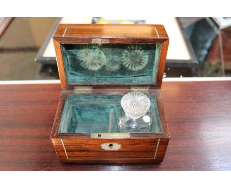 Rosewood Veneered Late 19thC Scent bottle travelling case with inlaid Mother of Pearl and Silver 