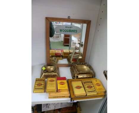 Collection of Smoking advertising items inc. Wills Woodbines advertising Mirror, Wills Gold Flake Ashtrays and Cigarette boxe