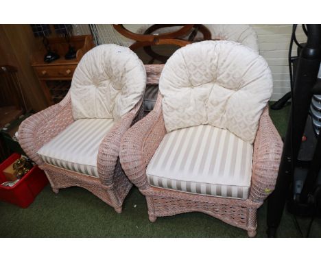 Good quality Reupholstered Conservatory suite of 2 Elbow chairs, Sofa and glass topped table 