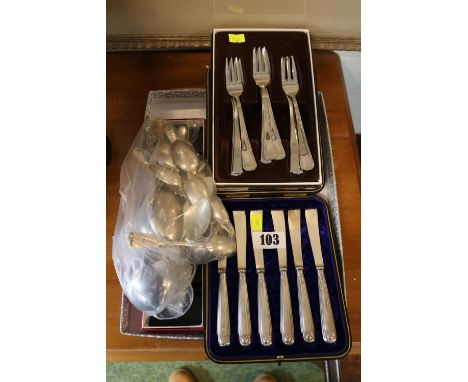 Collection of assorted boxed and unboxed Silverplated flatware inc. Set of 6 cased Silver handled butter knives 