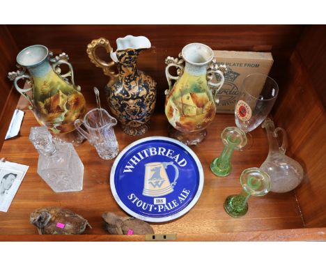 Vintage Enamel Whitbread Stout Pale Ale Circular tray with assorted ceramics and glassware 