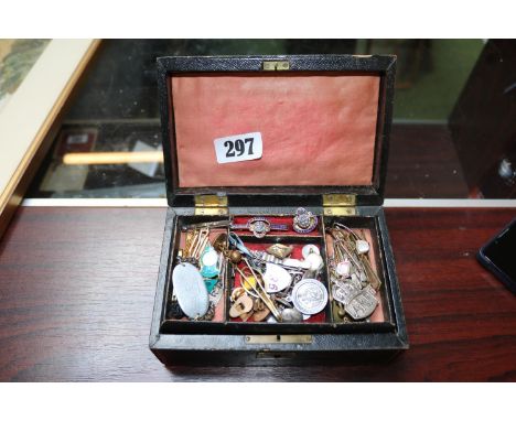 Edwardian Leatherette Jewellery Case with assorted Silver and other Jewellery and small collectables inc ARP Badge, British L