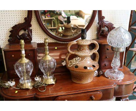 Pair of Brass and glass etched table lamps, Crystal table lamp and a 1970s Lamp Base 