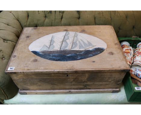 Pine Travelling trunk painted with a Galleon