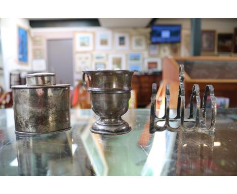 Collection of assorted Silver tableware inc. Silver Caddy, Toast Rack and a Christening mug 230g total weight 