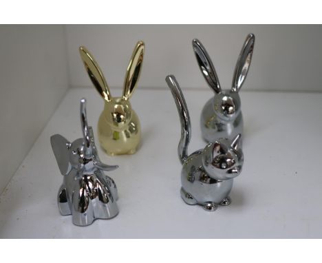 Set of 4 Umbra Chrome Ring holders to include Rabbits, Elephant and Cat 