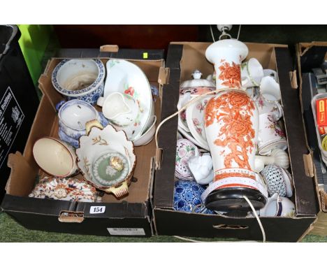 2 Boxes of assorted Ceramics inc. Chinese Standard Lamp, Blue &amp; White Jardinière etc 