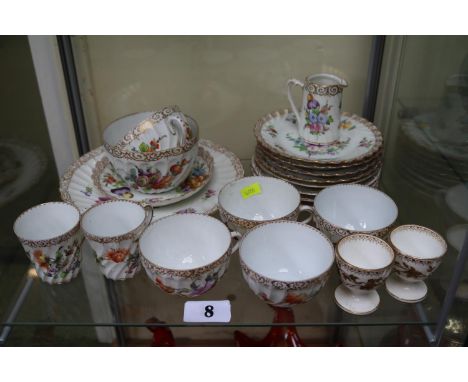 Dresden floral decorated fluted part tea and coffee service with hand painted mark to base and a Pair of Coalport Egg cups 