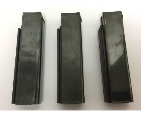 WW2 US .45 cal M1 Thompson SMG 20 round magazine x 3. Each is maker marked "Auto Ordnance Corps, Bridgeport, Connecticut. Reg