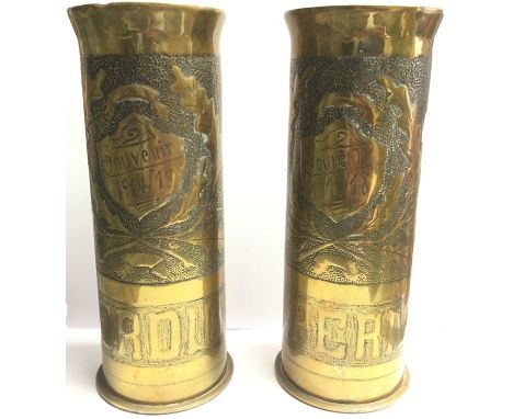 WW1 Trench Art brass shell cases made into vases. Both made from German 77mm shell cases. Both marked "Souvenir 1914/18".&nbs