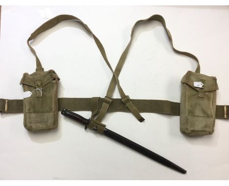 WW2 British 1937 Pattern webbing set comprising of : Belt by MECo 1952 dated, Cross straps with one 1942 dated, pair of basic