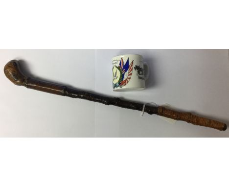 WW1 British Trench Art Swagger stick from the Salonika Campaign made from a tree branch with leather decoration and inscribed