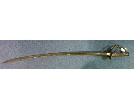 US 1864 Pattern Cavalry Sword with curved fullered single edged blade 88cm long. Maker marked "C Roby, W Chelmsford, Mass". G