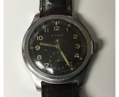 WW2 British Watch, Wrist, Waterproof by CYMA. Black dial with Arabic numerals with luminous paint. Broad Arrow marked, plus C