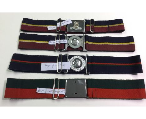 A collection of four British Army stable belts: Royal Pioneer Corps (no badge), Royal Pioneers Corps, Royal Army Pay Corps, R