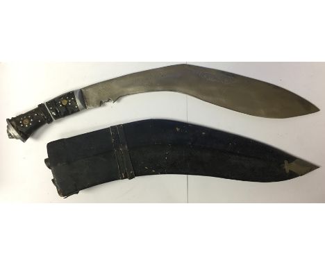 WW2 British Souvenir Kukri Knife with 36cm long blade with punch marked decoration to one side and marked "India". Overall le