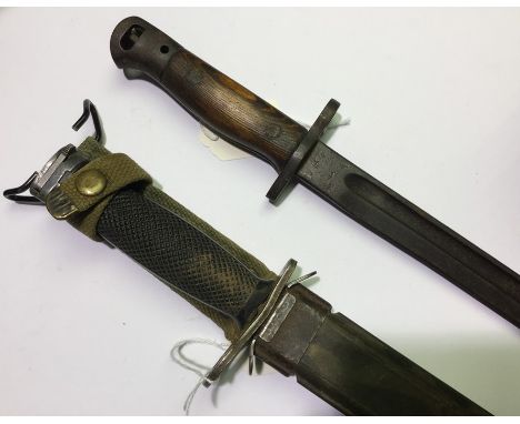 WW1 British 1907 pattern bayonet dated 5/27. Single edged fullered blade 43cm long. Release stud missing. No scabbard. Along 