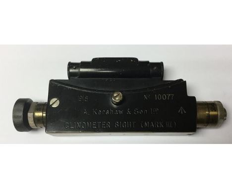 WWI British Clinometer Sight Mark III, maker marked "A Kershaw &amp; Son Ltd" and dated 1918. Serial number 10077. Complete i