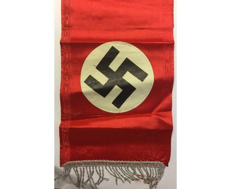 WW2 Third Reich Funeral Sash. Watered silk sash with separately applied oil cloth printed Swastika and roundal. Silver wire f