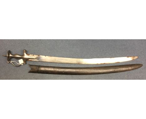 An Indian Talwar style Sword with plain curved single edged 74cm long blade. No makers markings. Steel hilt with spike decora