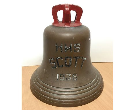 WW2 British Royal Navy Ships Bell from "HMS Scott". Dated 1939 and also marked with Broad Arrow. Complete with all original f