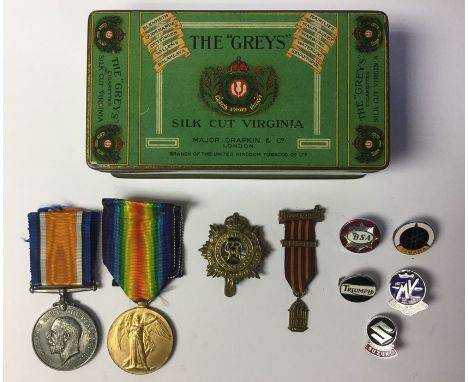 WW1 British War &amp; Victory Medals to 44288 Pte Arthur White, KOYLI. Complete with ribbons. Along with a WW2 RASC cap badge