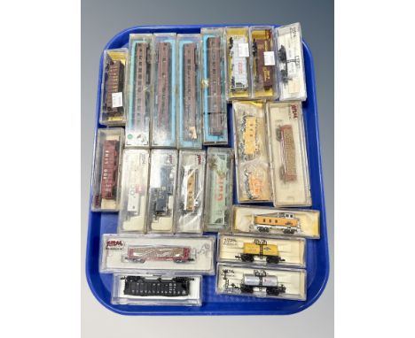 Atlas N scale die cast locomotives and rolling stock, as illustrated.  (20)